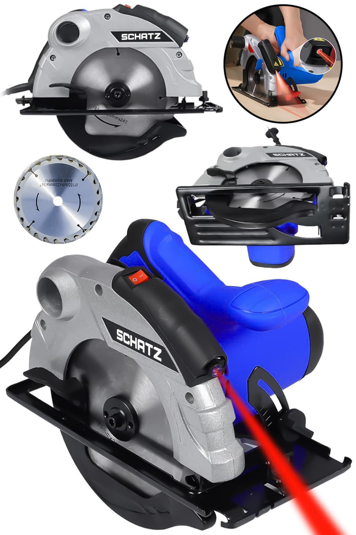 Profesyonel 1400W Metal Şanzıman Lazerli Daire Testere Bakır Sargılı Sunta Kesme Makinesi Mavi