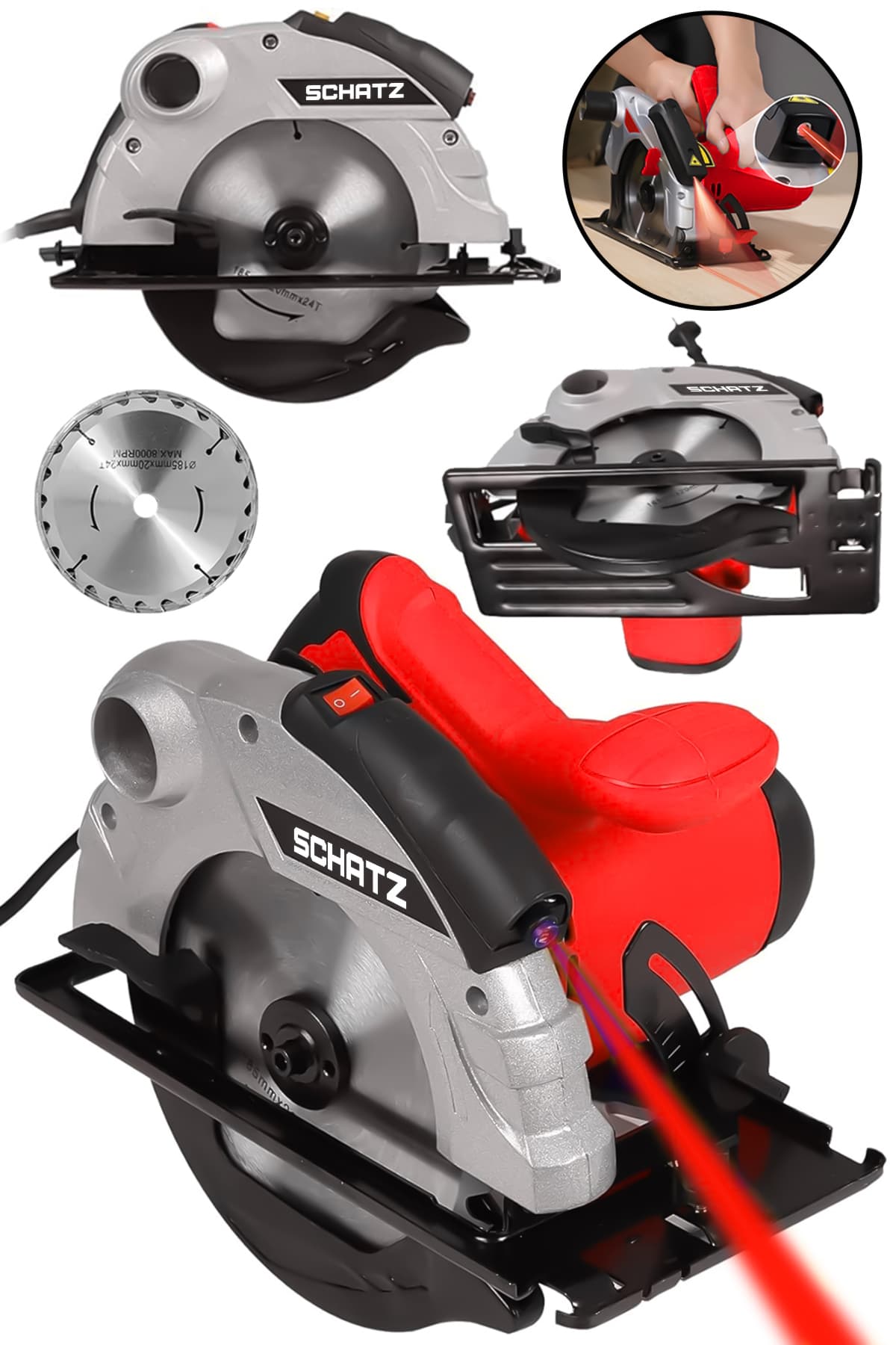 Profesyonel 1400W Metal Şanzıman Lazerli Daire Testere Bakır Sargılı Sunta Kesme Makinesi Kırmızı