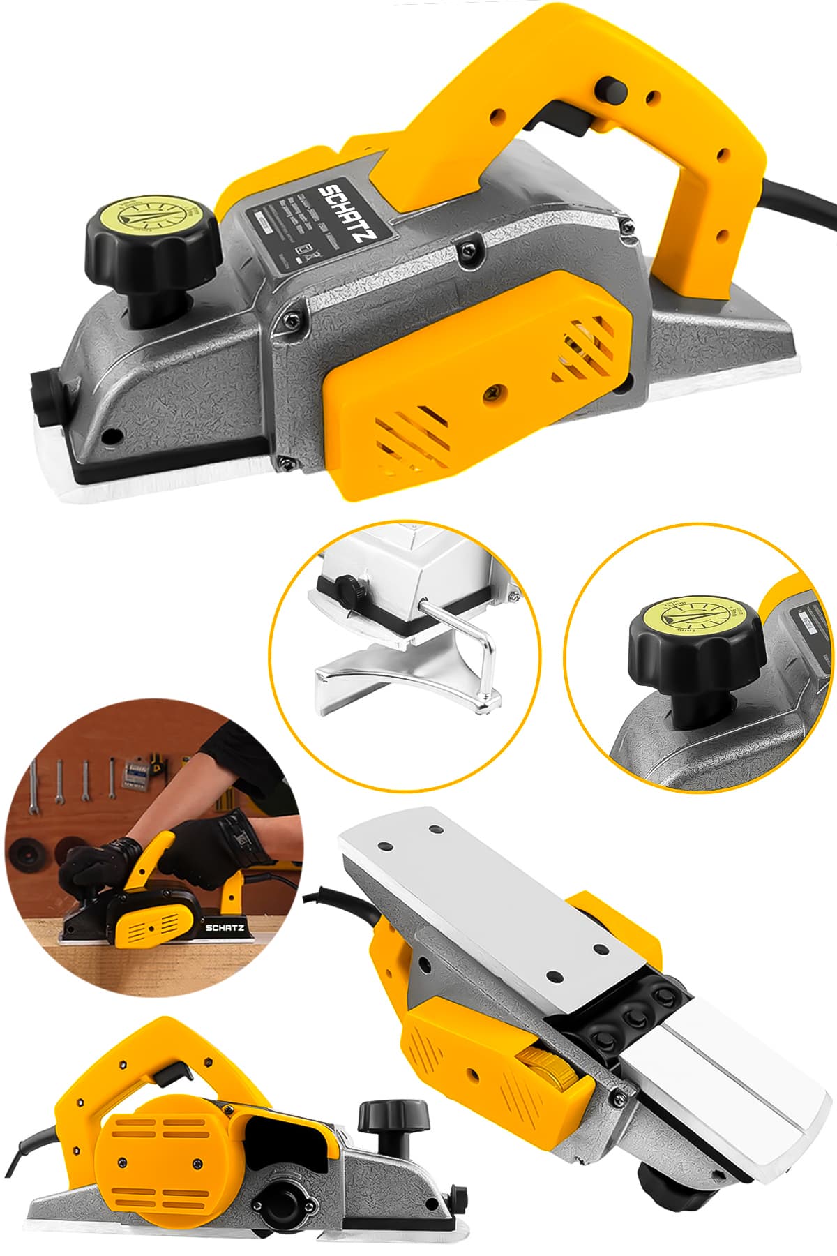 800W Sjs Metal Şanzıman Bakır Sargı Motor Çift Bıçaklı Planya Rende Makinesi Sarı