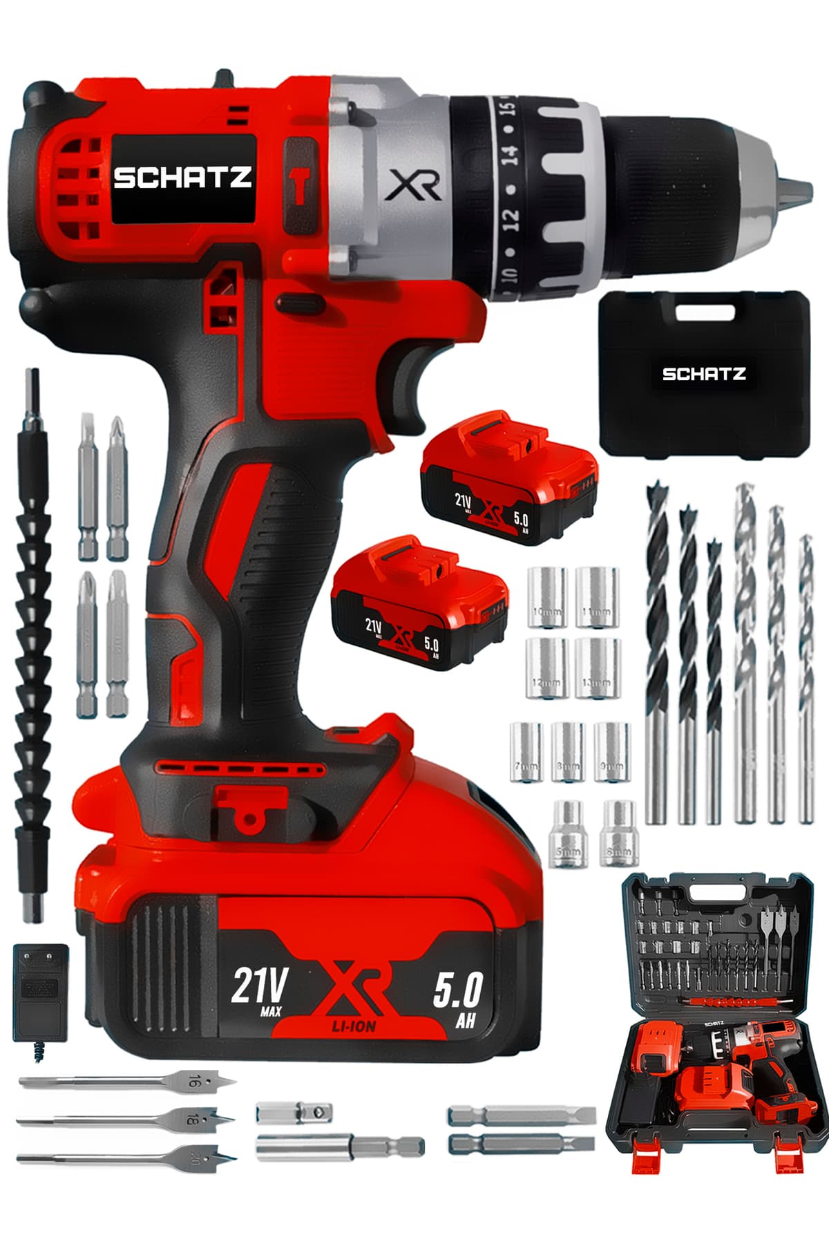 Xr 21V 5 Ah Metal Şanzıman Li-ion Çift Akülü Darbeli Şarjlı Vidalama Matkap Kırmızı