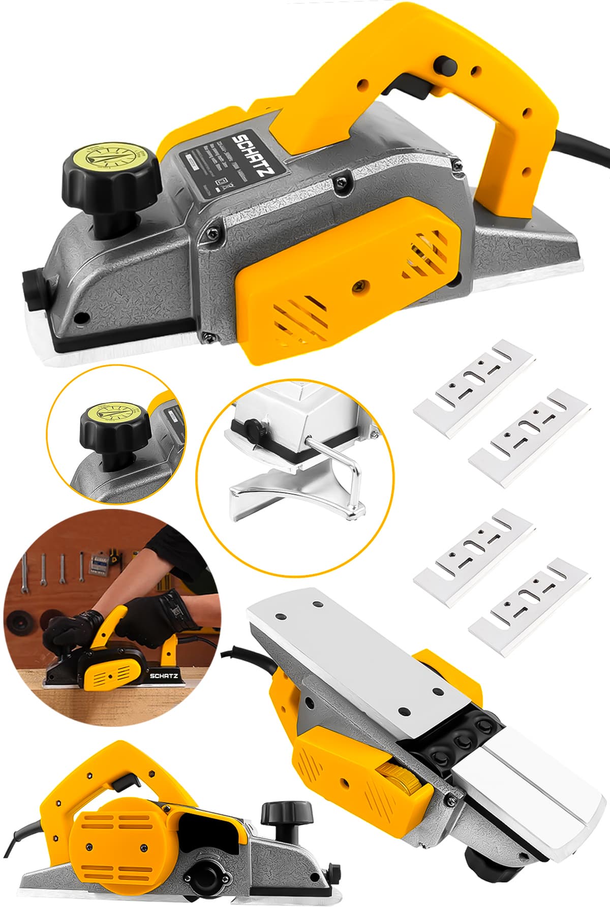 800W Sjs Metal Şanzıman Bakır Sargı Motor Çift Bıçaklı Planya Rende Makinesi Sarı + 4 Uç