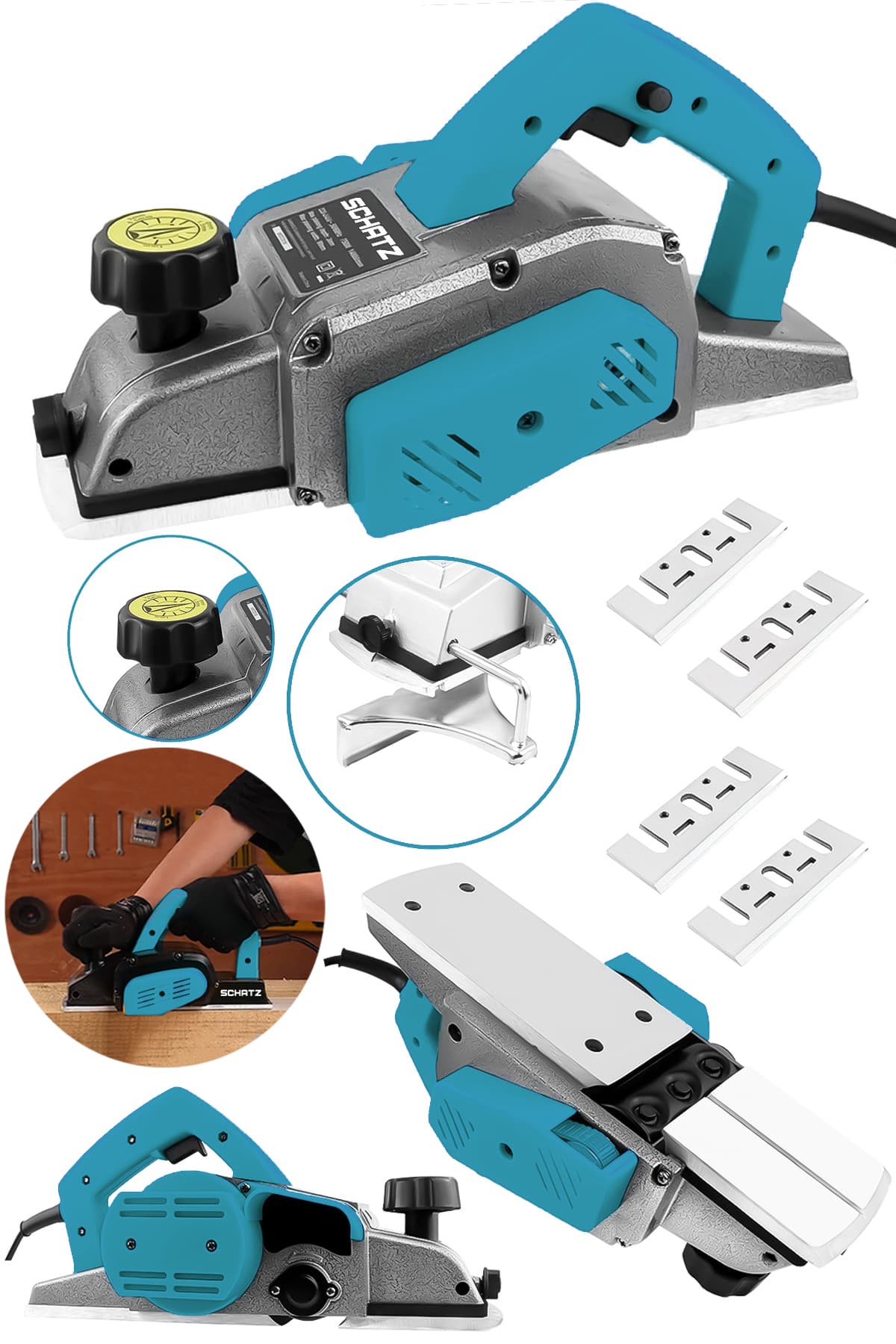 800W Sjs Metal Şanzıman Bakır Sargı Motor Çift Bıçaklı Planya Rende Makinesi Mavi + 4 Uç