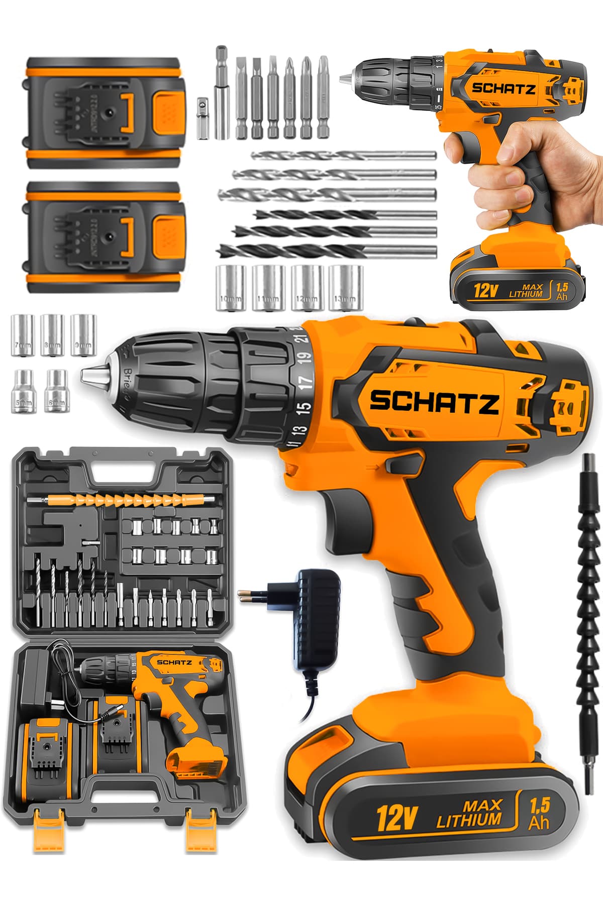 Pro 12v 1.5 Ah Darbeli Çelik Şanzıman Çift Akülü Bakır Sargılı Şarjlı Vidalama Matkap 24 Pcs Turuncu