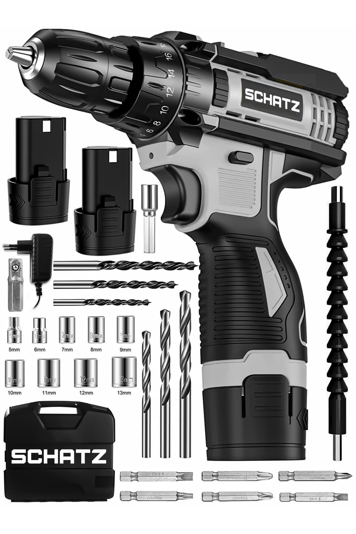 12v Çift Akülü Çelik Şanzıman Bakır Sargılı Şarjlı Vidalama Matkap Gri + 24 Parça Set