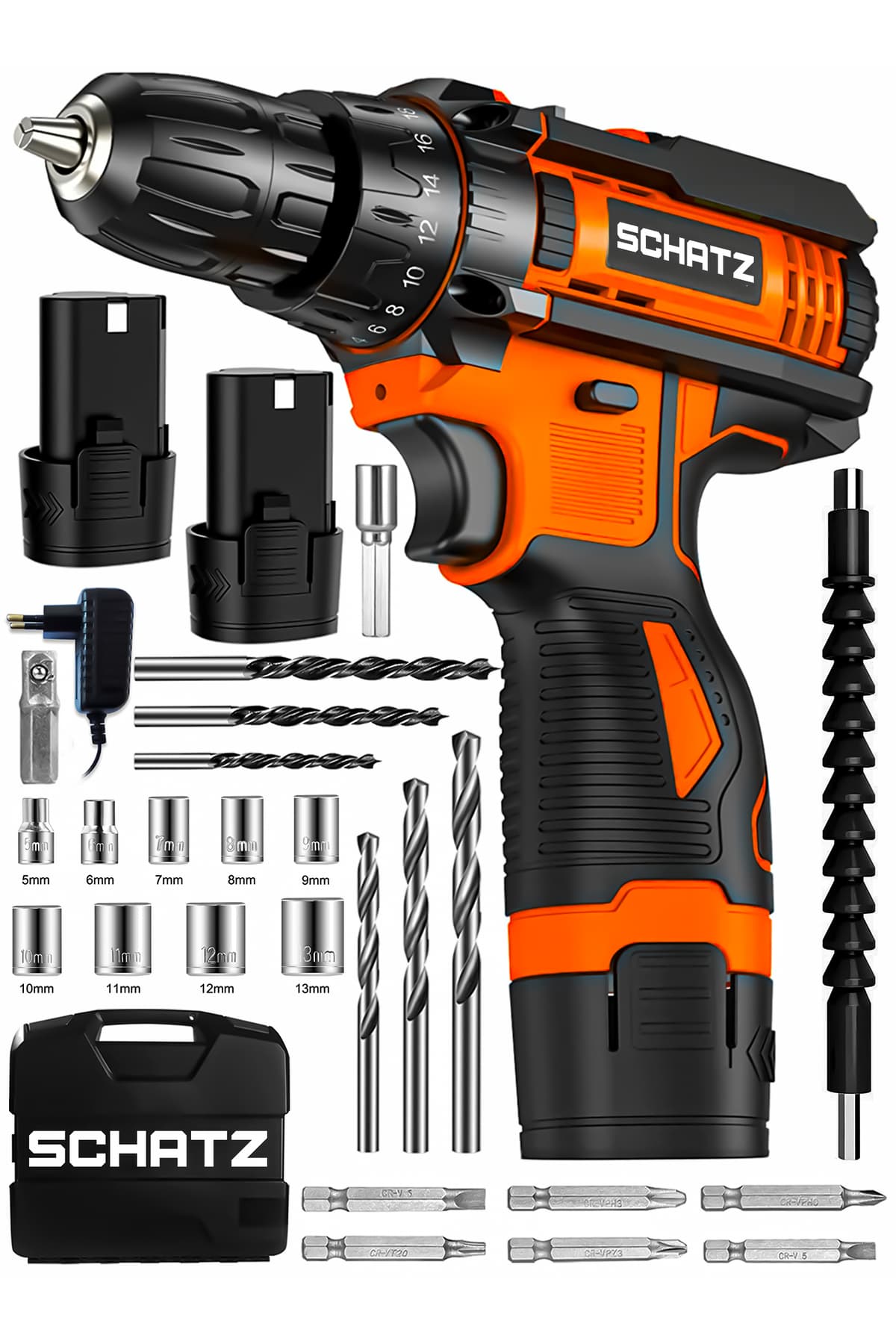 12v Çift Akülü Çelik Şanzıman Bakır Sargılı Şarjlı Vidalama Matkap Turuncu + 24 Parça Set