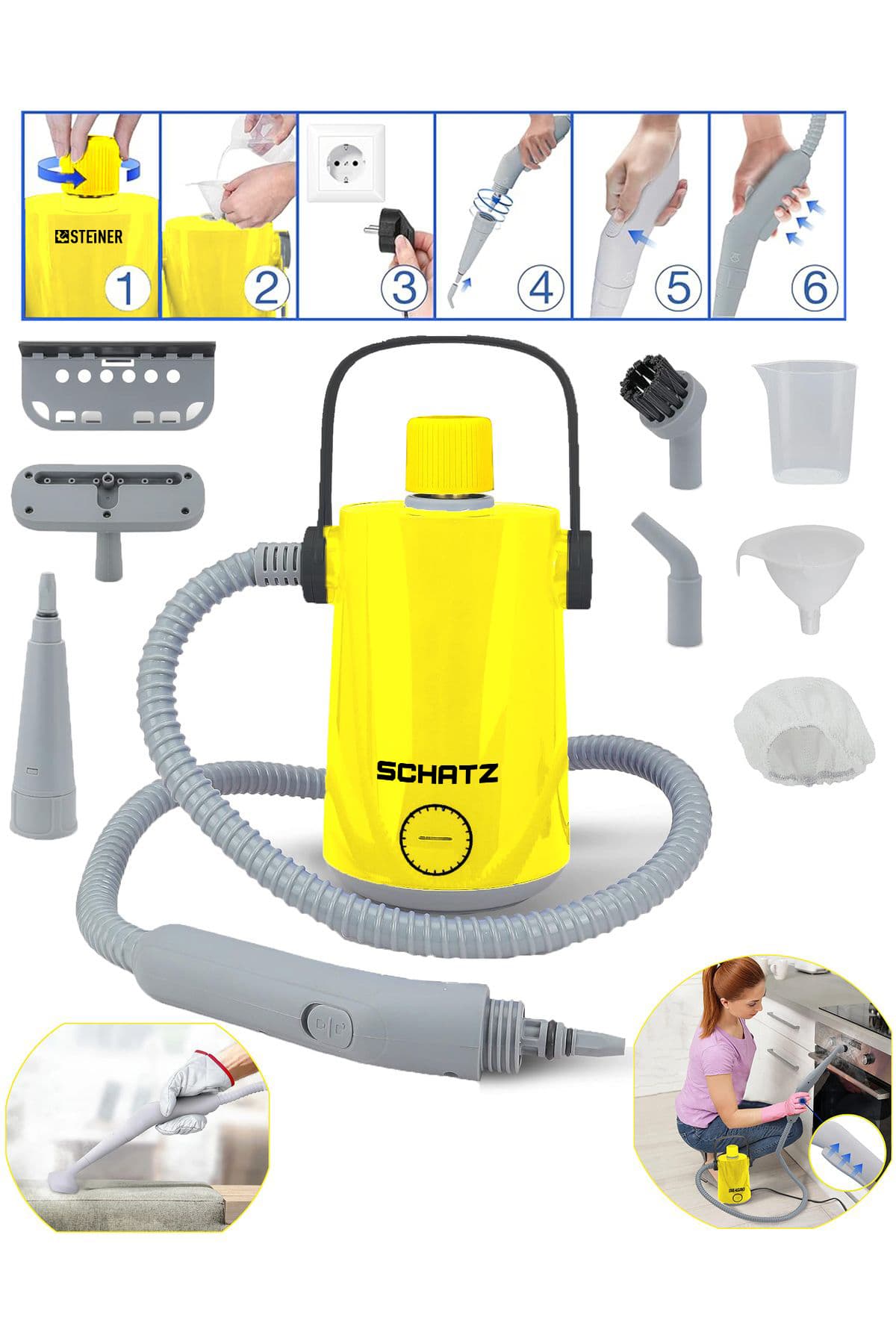 1000w EasyFix Series Profesyonel Buharlı Temizleyici Buharlı Temizlik Makinesi Sarı S1000Esy