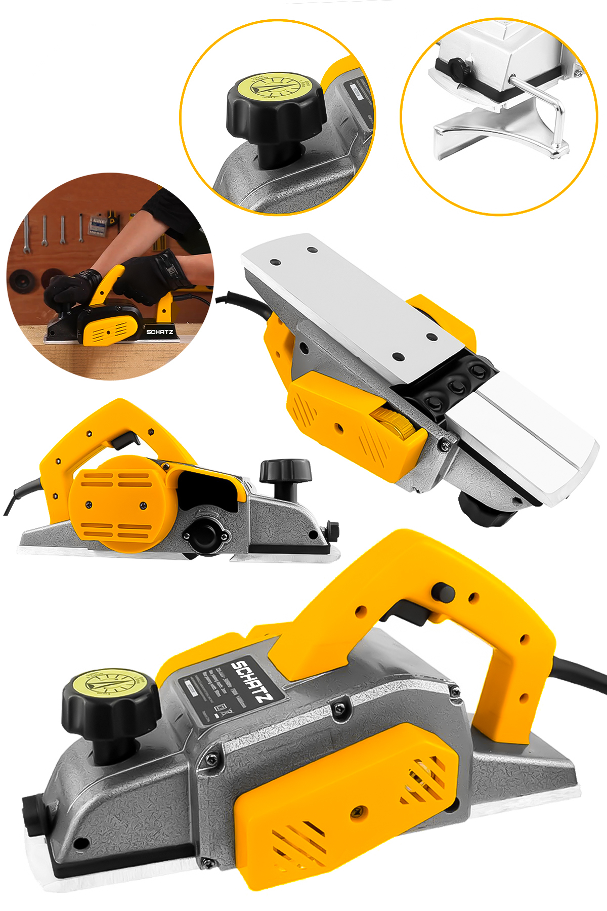 800W Sjs Metal Şanzıman Bakır Sargı Motor Çift Bıçaklı Planya Rende Makinesi Sarı - 2. görünüm