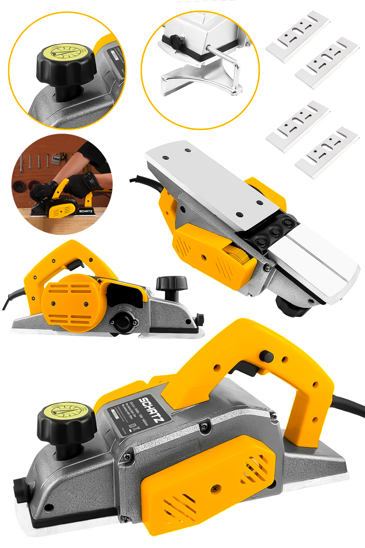 800W Sjs Metal Şanzıman Bakır Sargı Motor Çift Bıçaklı Planya Rende Makinesi Sarı + 4 Uç - 2. görünüm