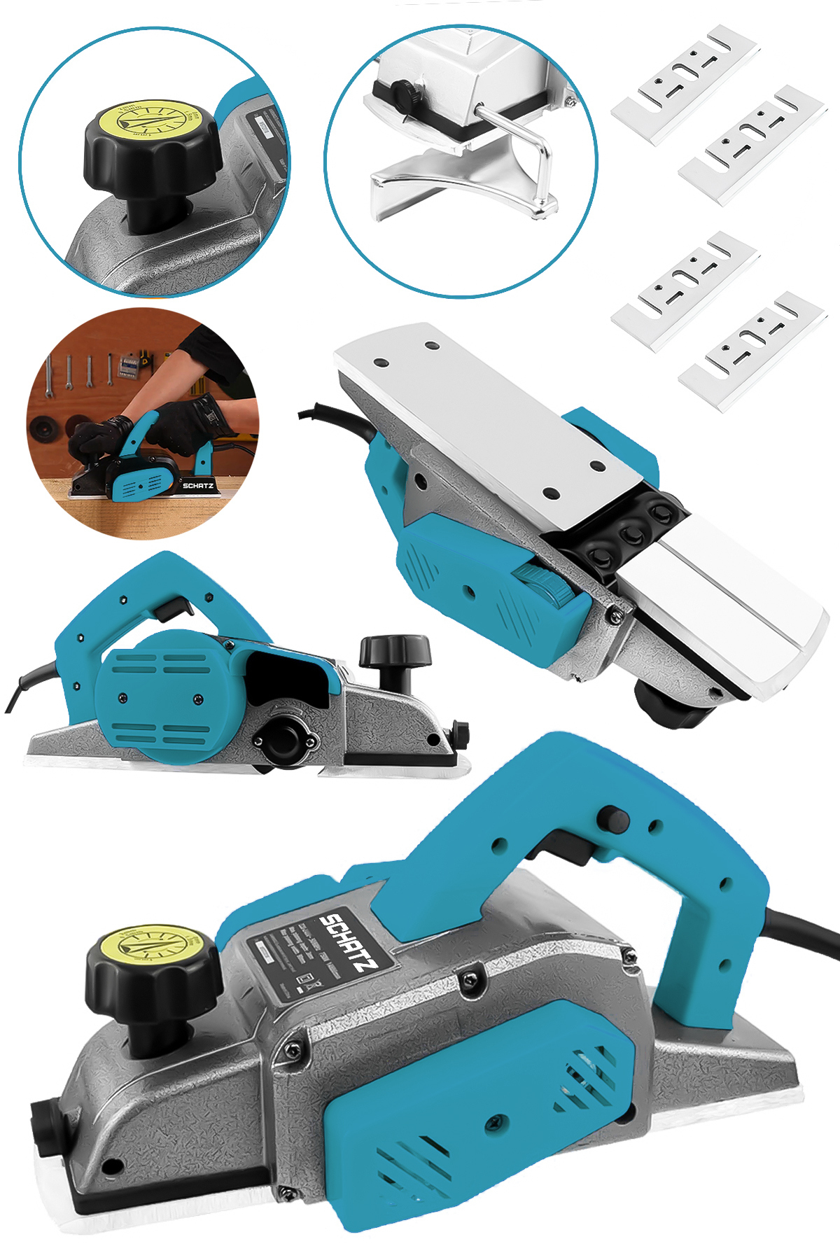 800W Sjs Metal Şanzıman Bakır Sargı Motor Çift Bıçaklı Planya Rende Makinesi Mavi + 4 Uç - 2. görünüm