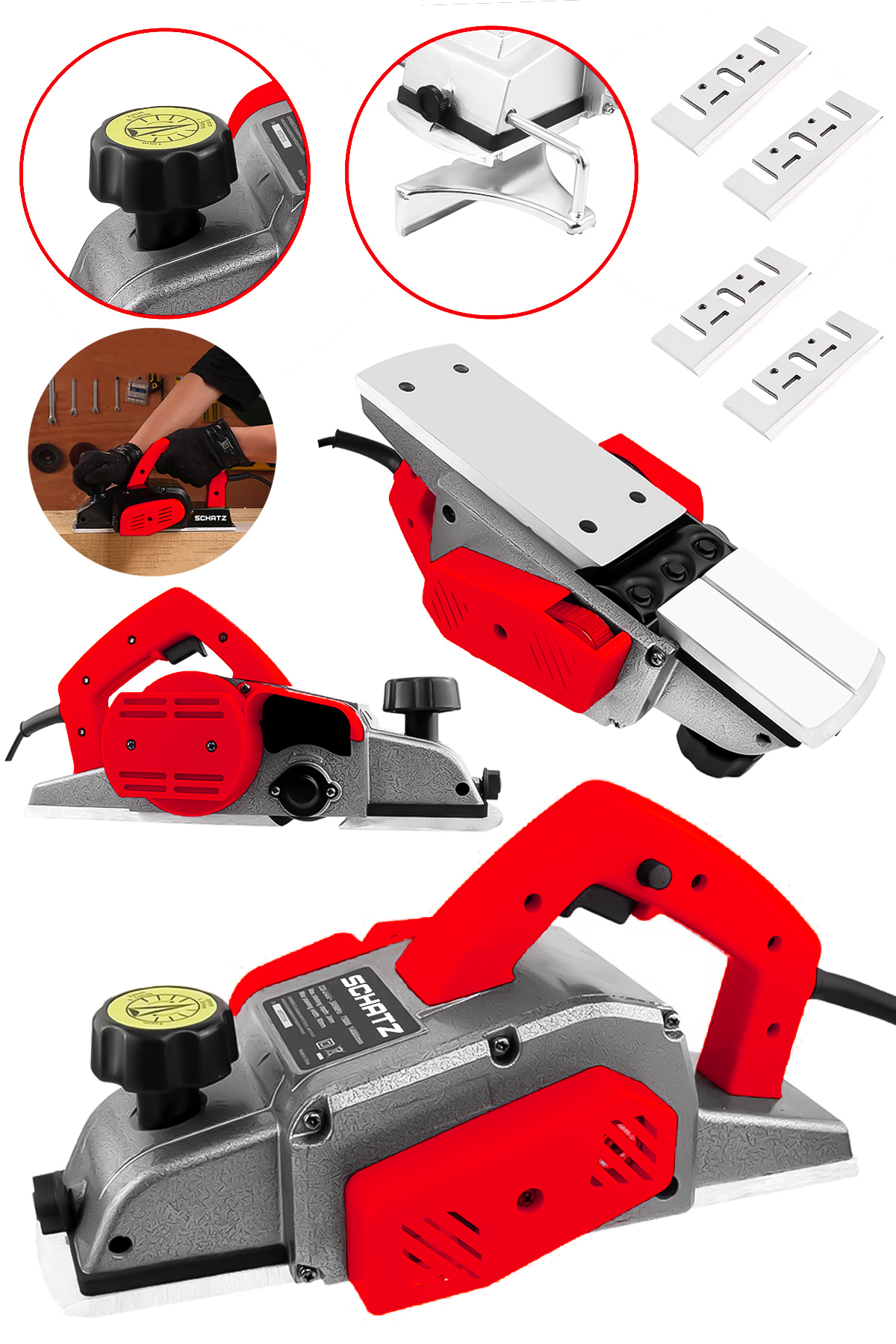 800W Sjs Metal Şanzıman Bakır Sargı Motor Çift Bıçaklı Planya Rende Makinesi Kırmızı + 4 Uç - 2. görünüm