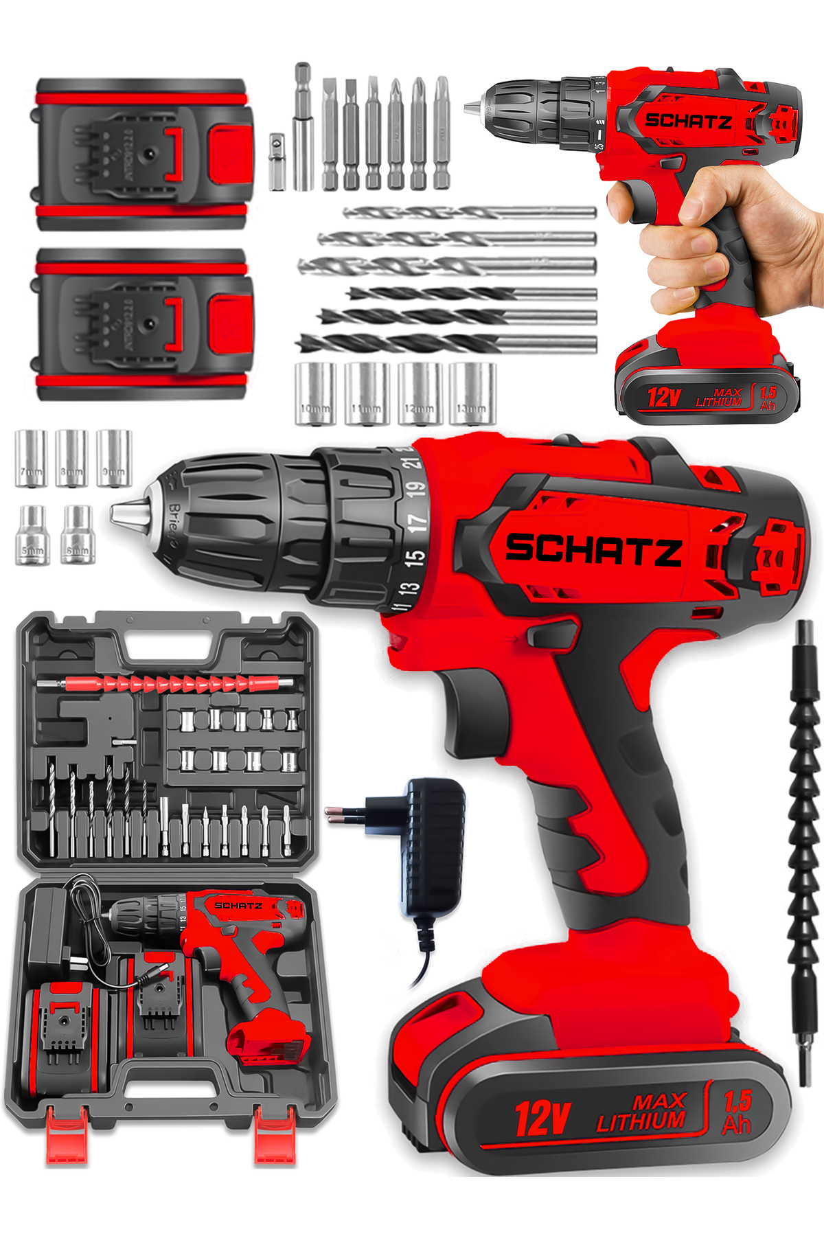 Pro 12v 1.5 Ah Darbeli Çelik Şanzıman Çift Akülü Bakır Sargılı Şarjlı Vidalama Matkap 24 Pcs Kırmızı ürün görseli