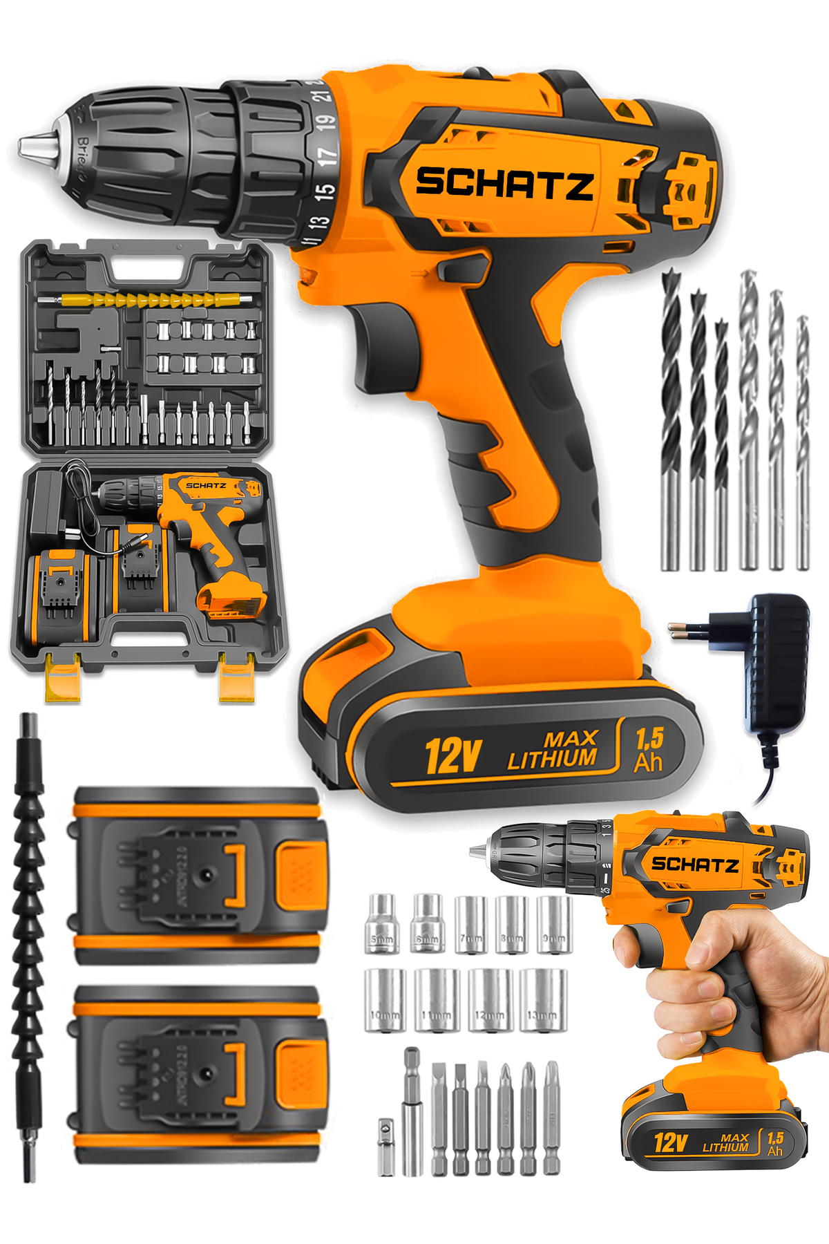 Pro 12v 1.5 Ah Darbeli Çelik Şanzıman Çift Akülü Bakır Sargılı Şarjlı Vidalama Matkap 24 Pcs Turuncu - 2. görünüm