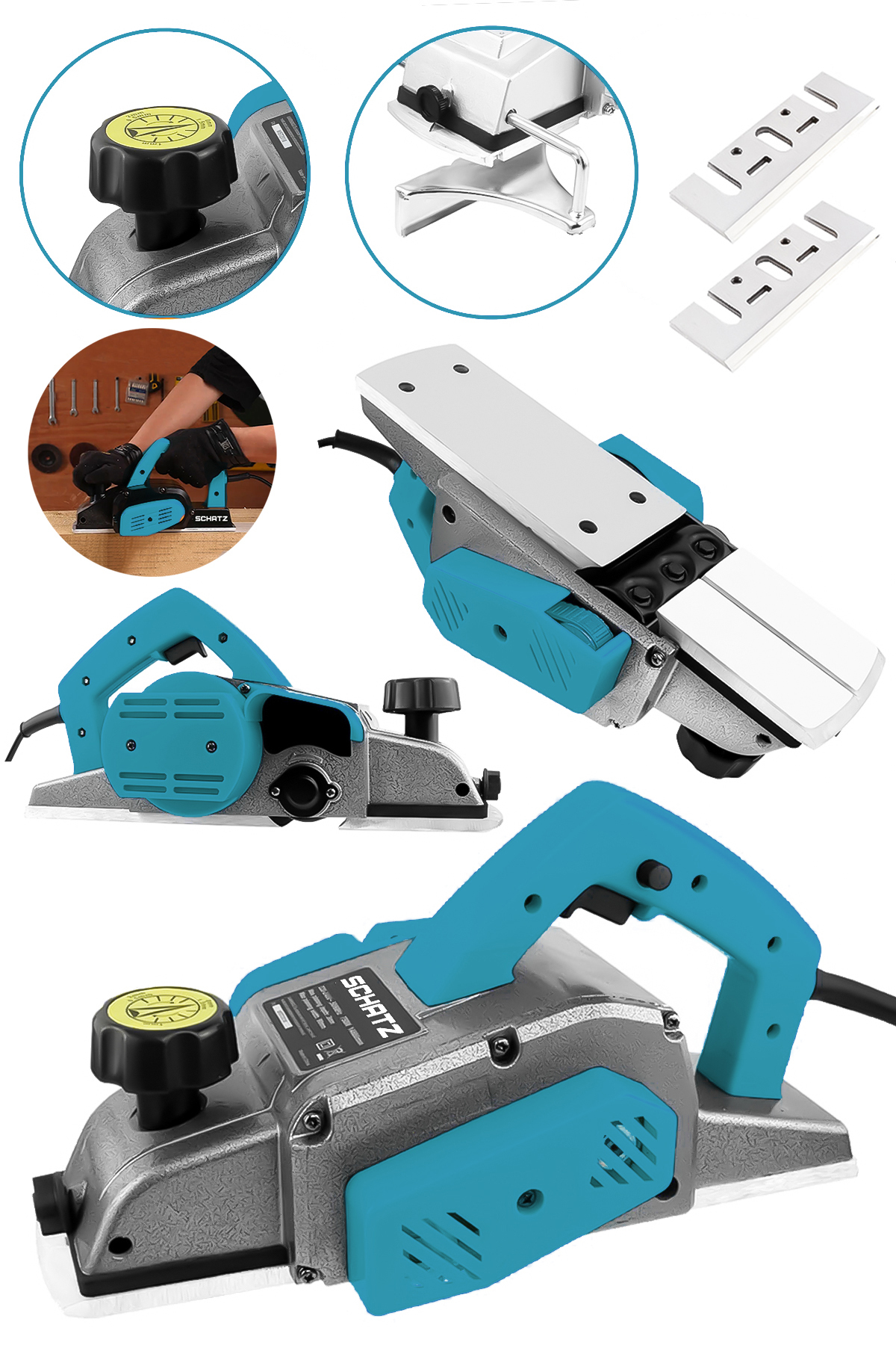 800W Sjs Metal Şanzıman Bakır Sargı Motor Çift Bıçaklı Planya Rende Makinesi Mavi + 2 Uç - 2. görünüm
