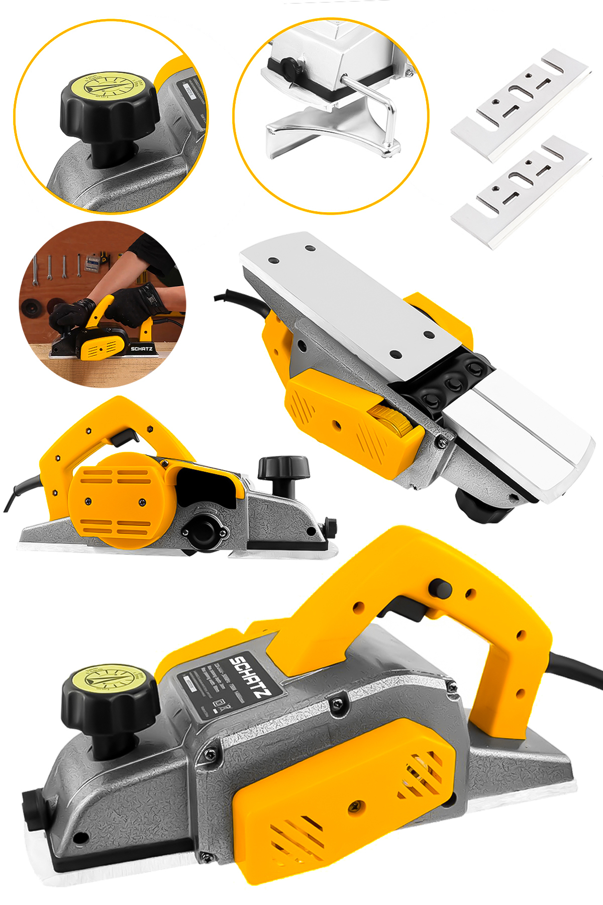 800W Sjs Metal Şanzıman Bakır Sargı Motor Çift Bıçaklı Planya Rende Makinesi Sarı + 2 Uç - 2. görünüm