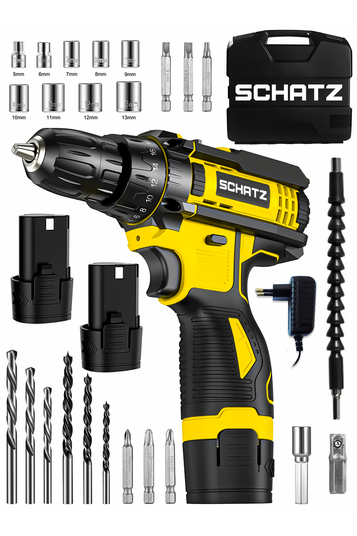 12v Çift Akülü Çelik Şanzıman Bakır Sargılı Şarjlı Vidalama Matkap Sarı + 24 Parça Set - 2. görünüm