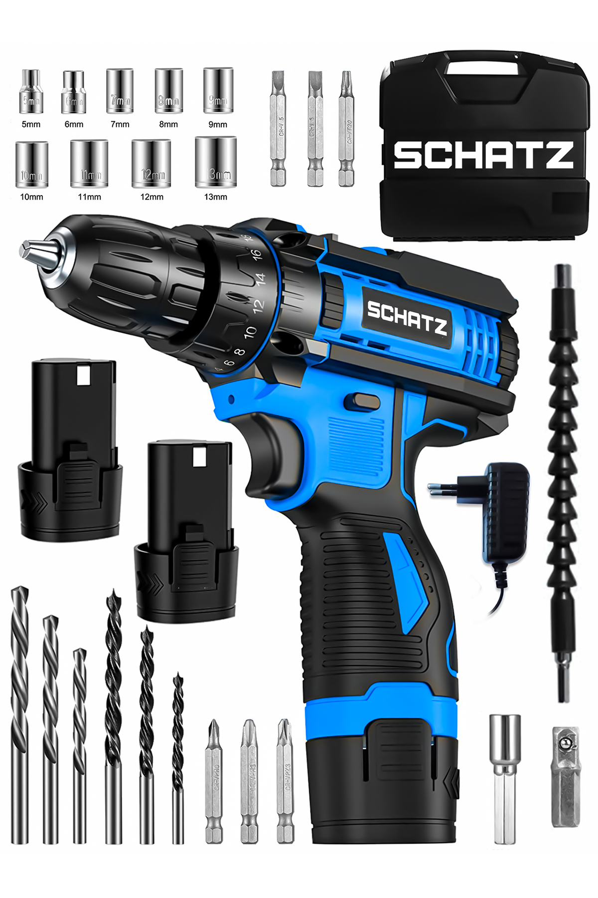12v Çift Akülü Çelik Şanzıman Bakır Sargılı Şarjlı Vidalama Matkap Mavi + 24 Parça Set - 2. görünüm