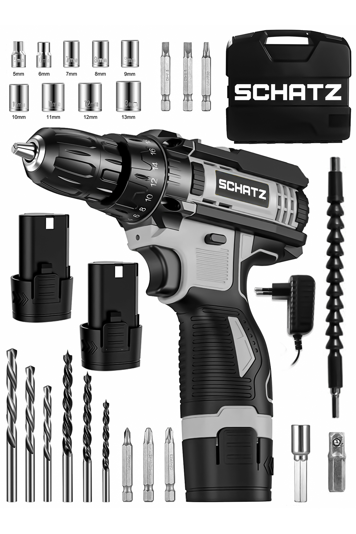 12v Çift Akülü Çelik Şanzıman Bakır Sargılı Şarjlı Vidalama Matkap Gri + 24 Parça Set - 2. görünüm