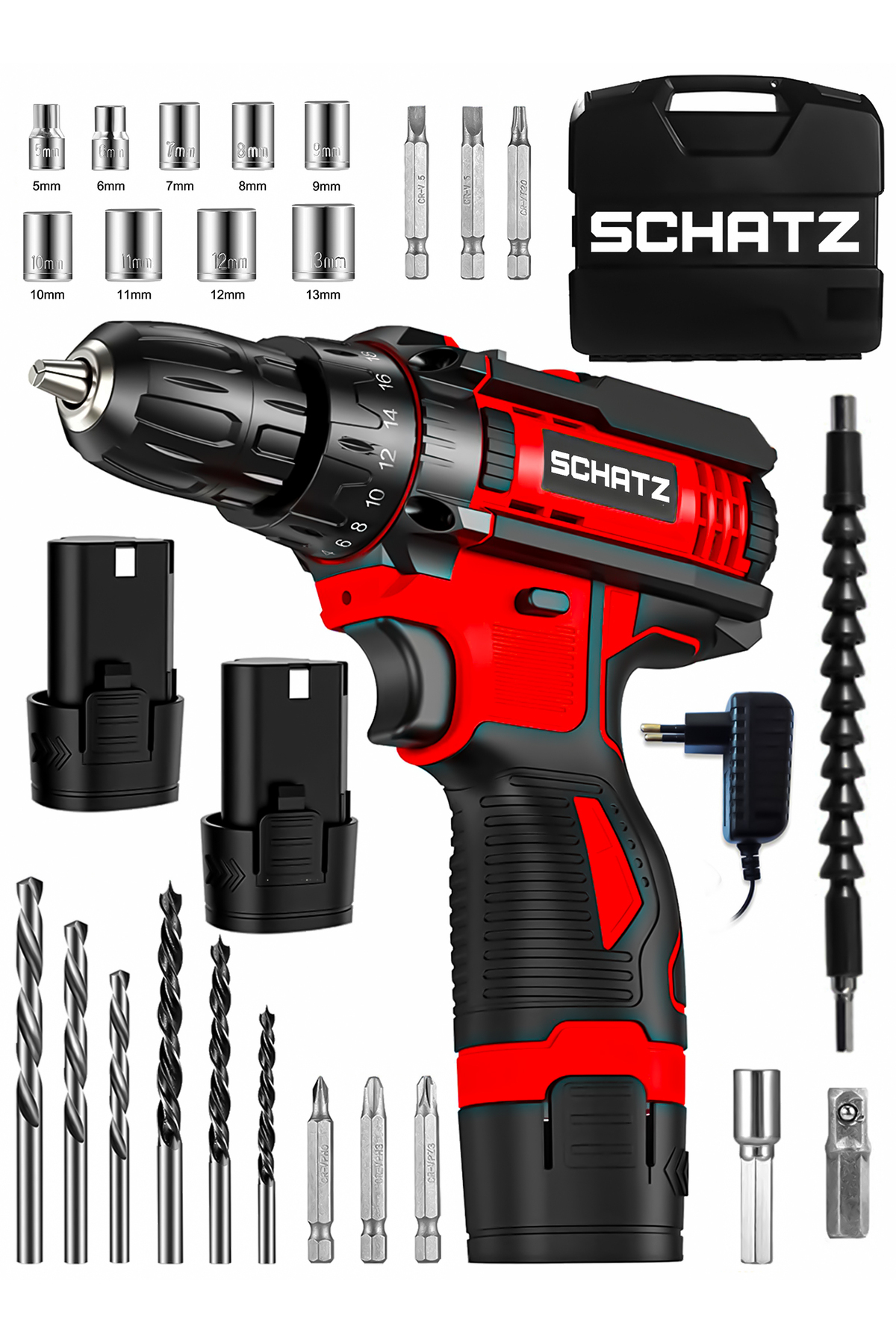 12v Çift Akülü Çelik Şanzıman Bakır Sargılı Şarjlı Vidalama Matkap Kırmızı + 24 Parça Set - 2. görünüm