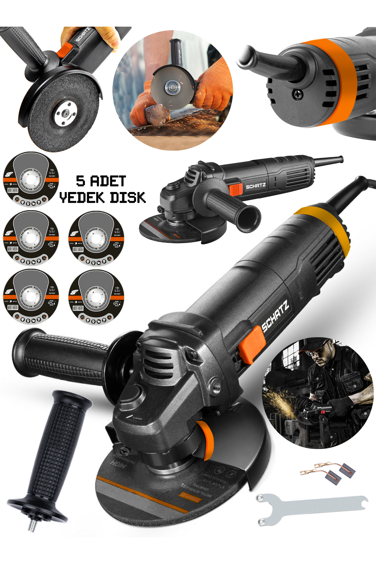 750w Bakır Sargılı Avuç İçi Spiral Taşlama Demir Metal Kesme Makinesi Siyah 125 mm + 5 Disk - 2. görünüm