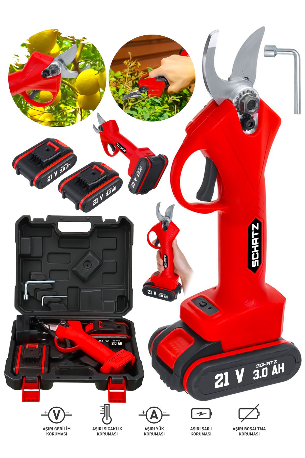 21V Çift Akülü 30mm Çelik Şanzıman Şarjlı Dal Ağaç Kesme Bağ Budama Makası K884147 ürün görseli